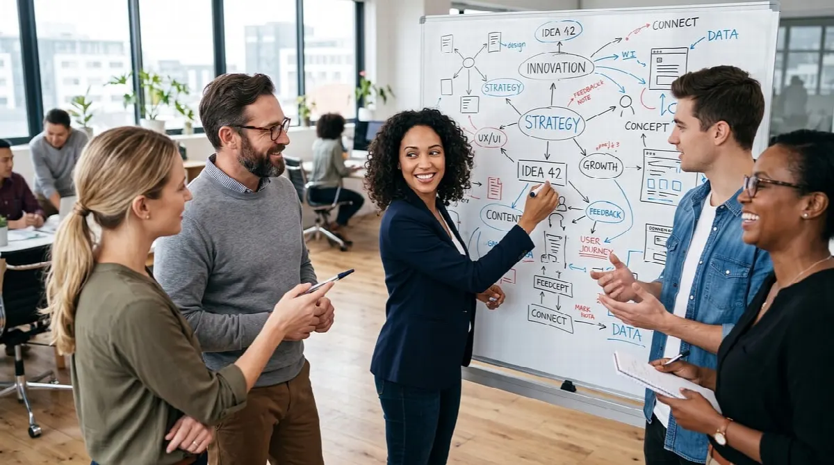 Équipe travaillant devant un tableau blanc en bureau